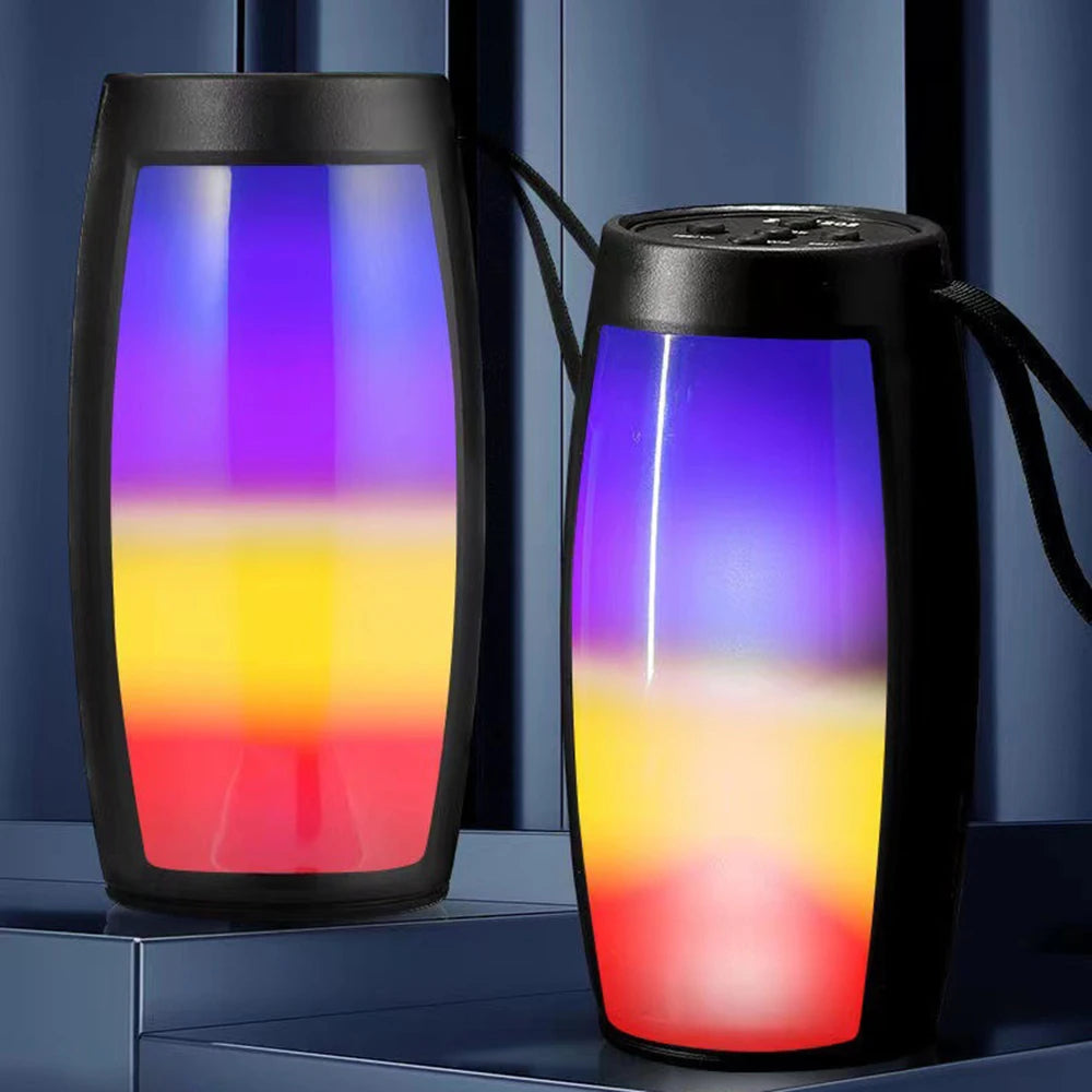 Two cylindrical electronic devices with colorful gradient lights on a reflective surface.