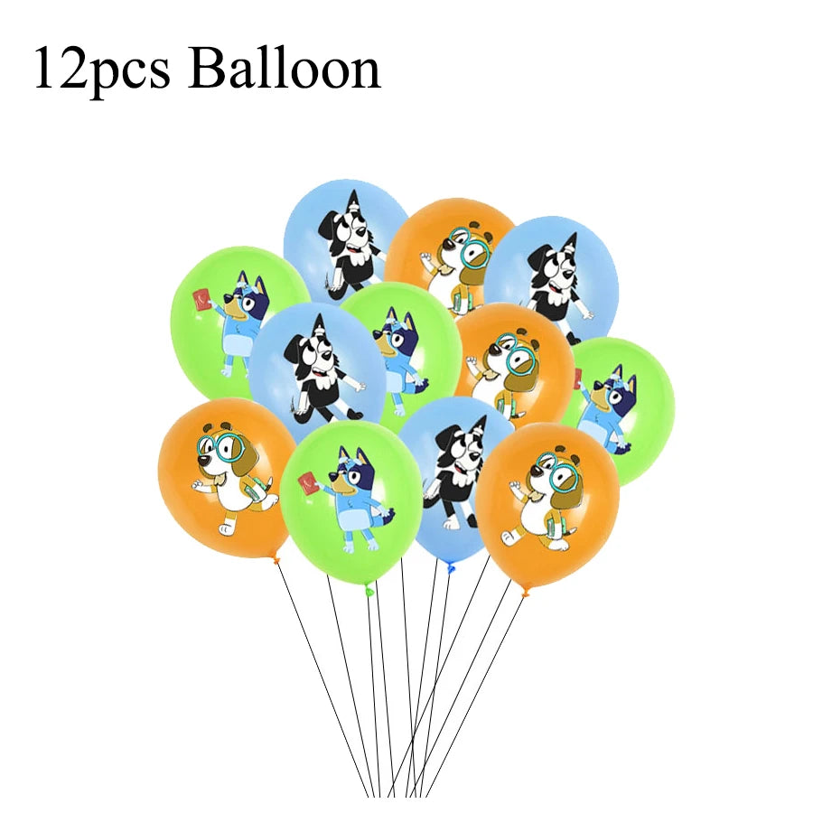 A set of 12 round latex balloons with cartoon dog characters, shown in orange, light blue, and light green. The balloons feature black and white dogs in space-themed outfits, with one dog holding a red cup and another wearing a green helmet.