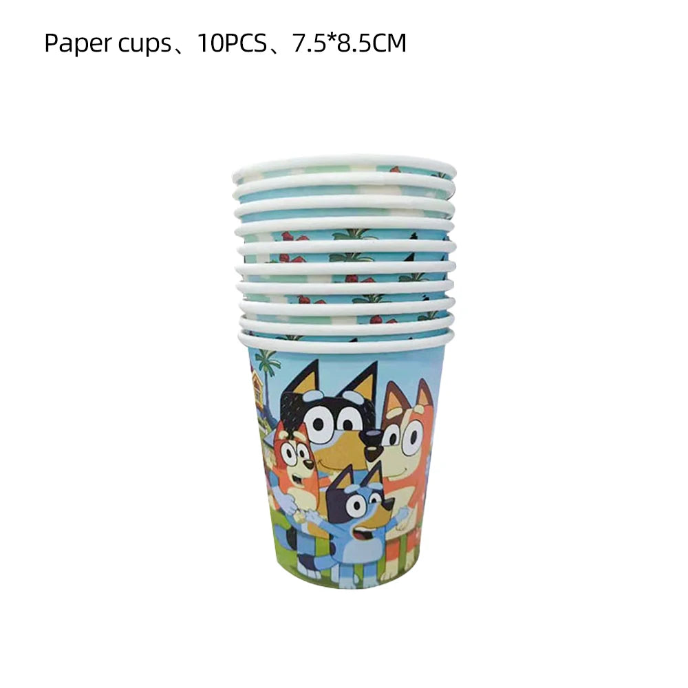A stack of 10 paper cups with a colorful cartoon character print, shown on a plain white background with text at the top reading 'Paper cups、10PCS、7.5*8.