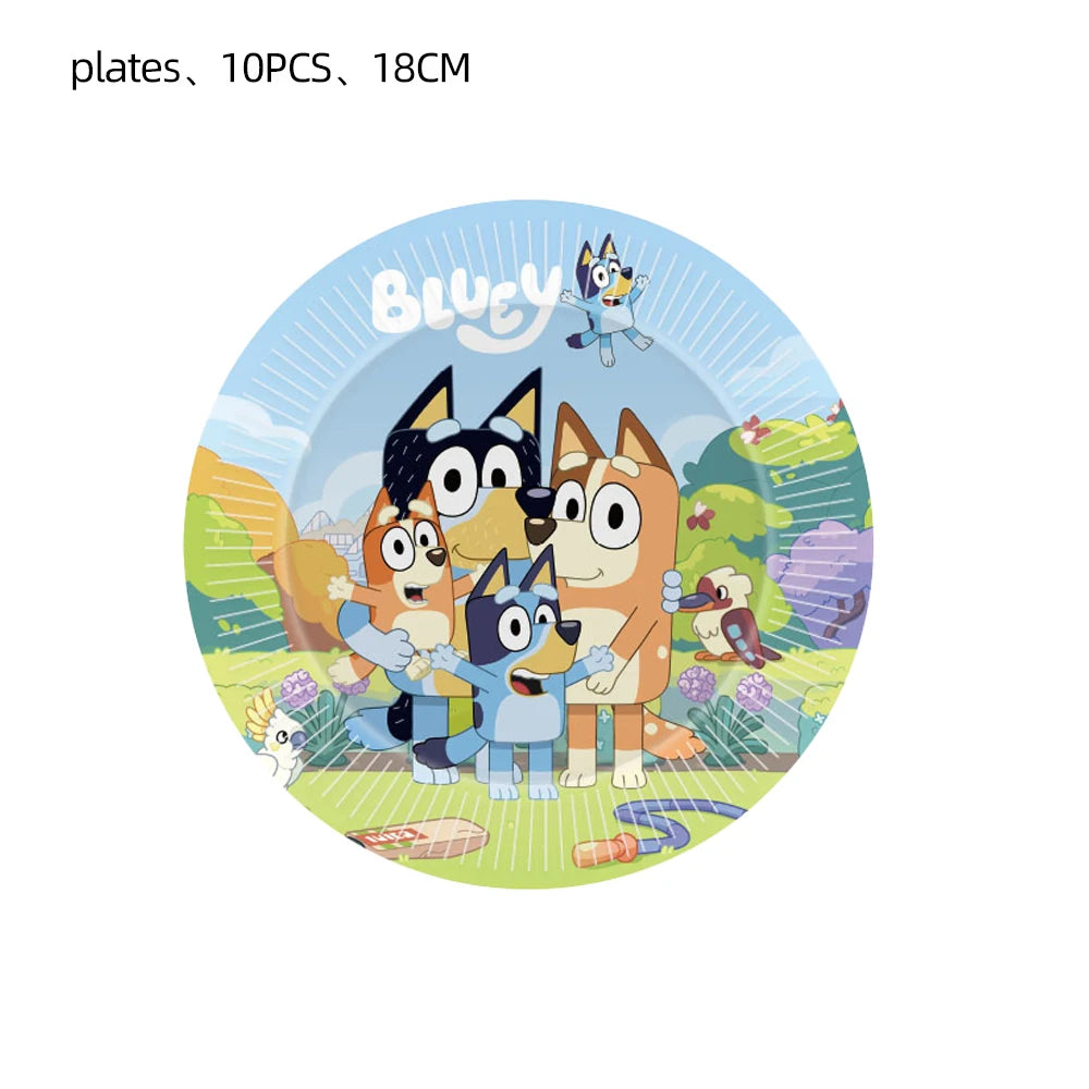 A circular product graphic showing the Bluey cartoon family on a white background, with text above reading 'plates、10PCS、18CM'. The plate design features Bluey's characters in a colorful outdoor scene with blue sky, green grass, flowers, and a bird.