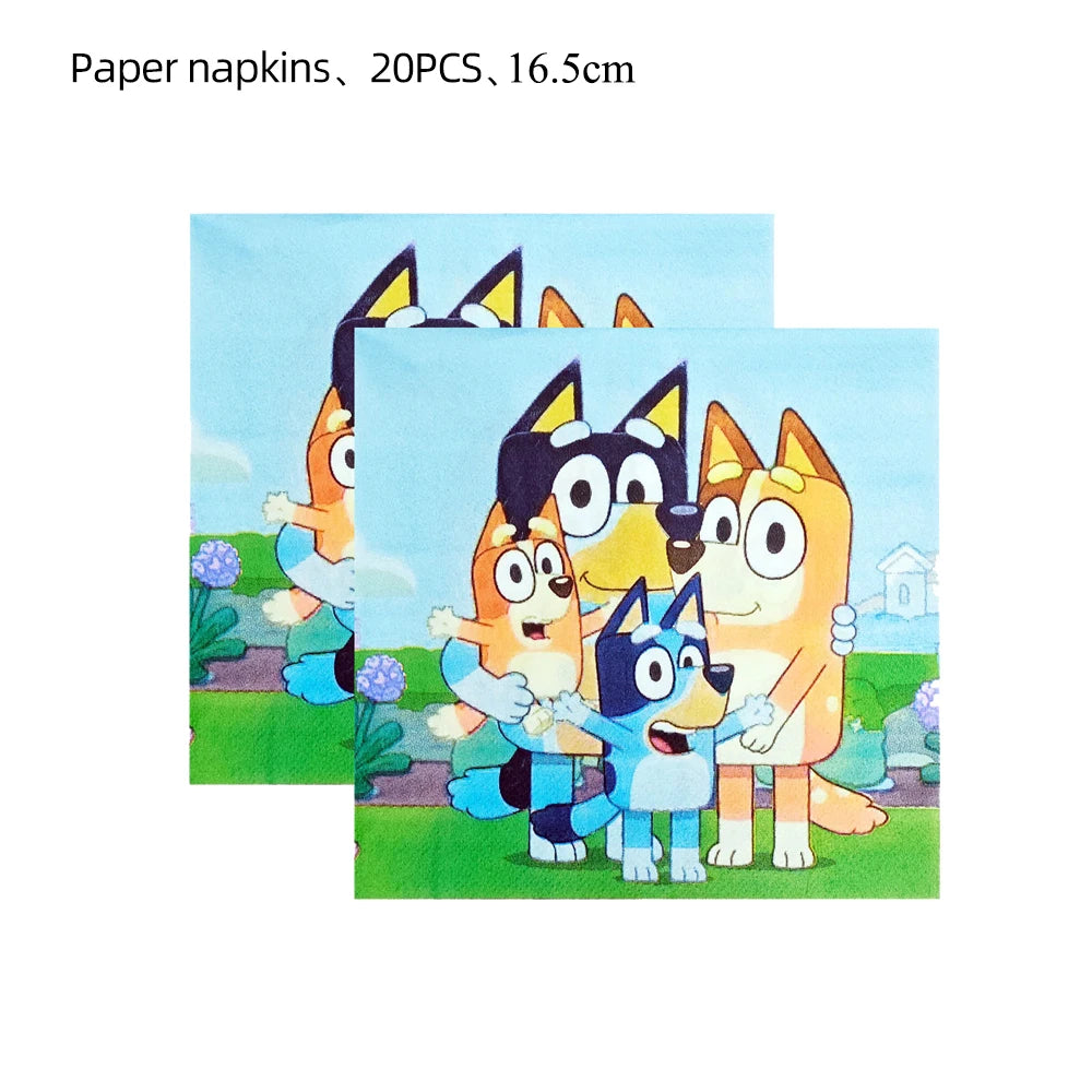Two overlapping paper napkins featuring a colorful cartoon dog illustration on a white background, with text at the top reading 'Paper napkins, 20PCS, 16.5cm'.