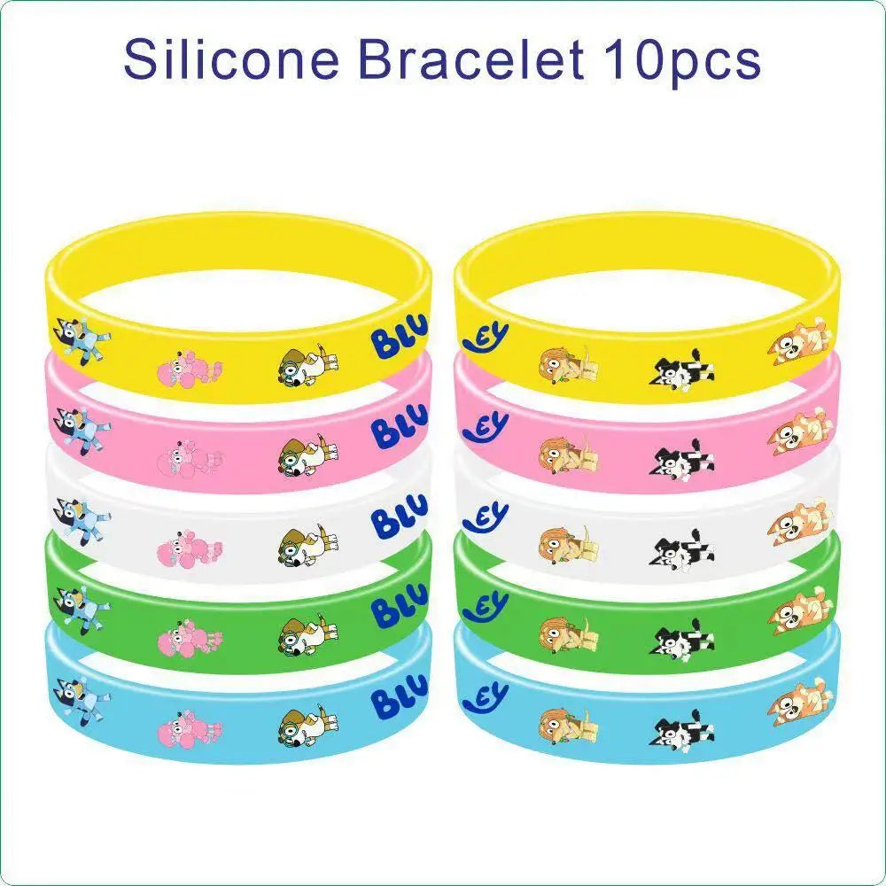 Ten colorful silicone wristbands stacked in two columns on a white background, with the text 'Silicone Bracelet 10pcs' at the top. The bracelets come in yellow, pink, white, green, and light blue, each printed with cartoon animal illustrations and the word 'Blue' in blue.