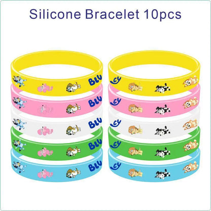 Ten colorful silicone wristbands stacked in two columns on a white background, with the text 'Silicone Bracelet 10pcs' at the top. The bracelets come in yellow, pink, white, green, and light blue, each printed with cartoon animal illustrations and the word 'Blue' in blue.