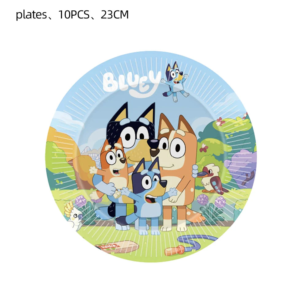 A round printed plate featuring the Bluey cartoon family and logo, shown on a white background with text reading 'plates, 10PCS, 23CM' at the top.