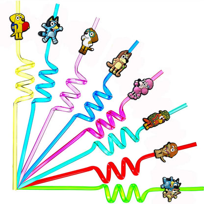 A set of colorful spiral-shaped drinking straws with cartoon animal character cutouts at the top, displayed on a plain white background.