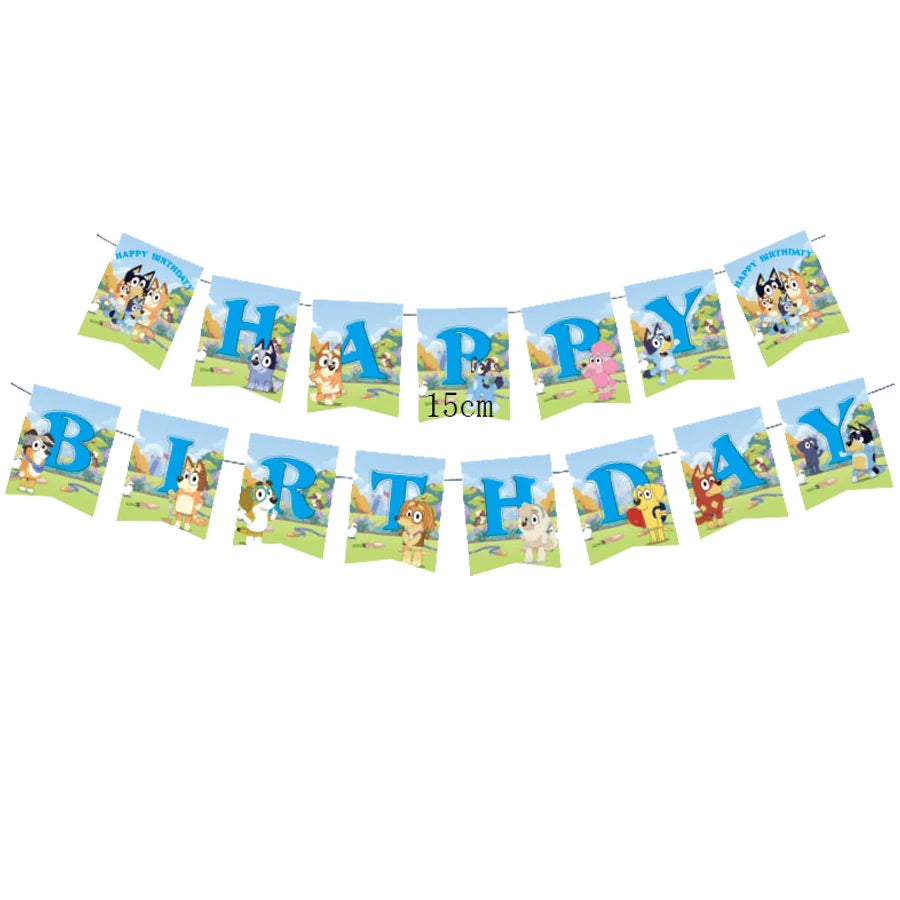 A colorful 'Happy Birthday' bunting banner featuring cartoon dog characters and blue letters on a white background, with a '15cm' size label in the center.