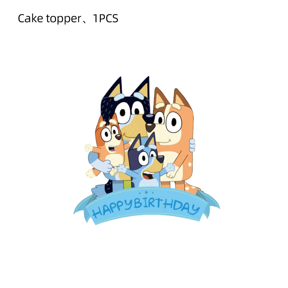 A cartoon cake topper featuring the Bluey dog characters hugging above a blue banner that reads HAPPY BIRTHDAY, shown on a plain white background with small text at the top reading 'Cake topper, 1PCS'.