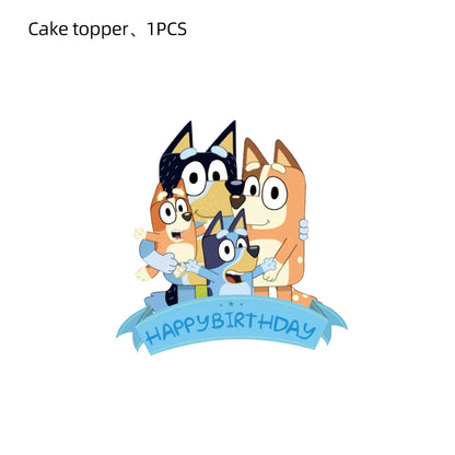 A cartoon cake topper featuring the Bluey dog characters hugging above a blue banner that reads HAPPY BIRTHDAY, shown on a plain white background with small text at the top reading 'Cake topper, 1PCS'.