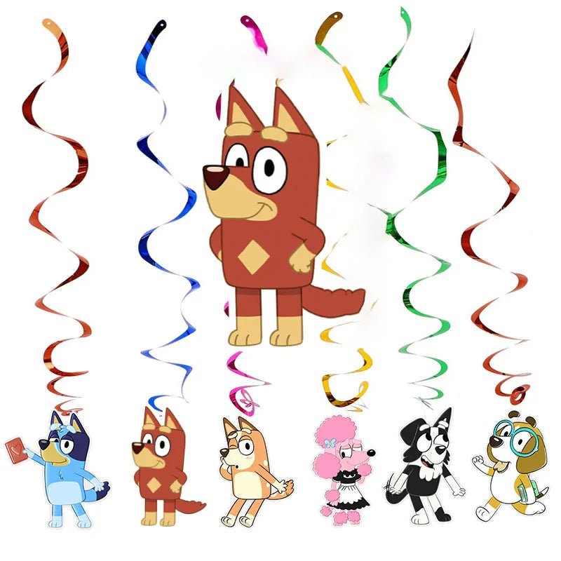 A set of colorful party streamers and hanging curling ribbons featuring cartoon dog characters, shown on a plain white background.