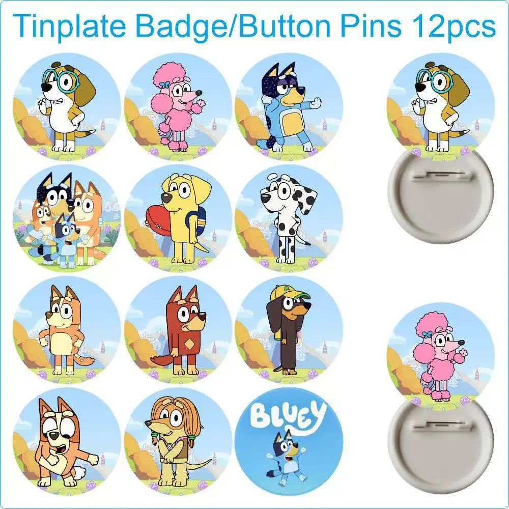 A set of 12 round pin-back badge templates featuring cartoon dog characters from Bluey, shown on a white background with text reading 'Tinplate Badge/Button Pins 12pcs.' The badges display various character designs on pastel circular backgrounds, and several silver pin-back backs are shown beside them.