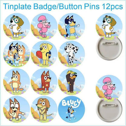 A set of 12 round pin-back badge templates featuring cartoon dog characters from Bluey, shown on a white background with text reading 'Tinplate Badge/Button Pins 12pcs.' The badges display various character designs on pastel circular backgrounds, and several silver pin-back backs are shown beside them.