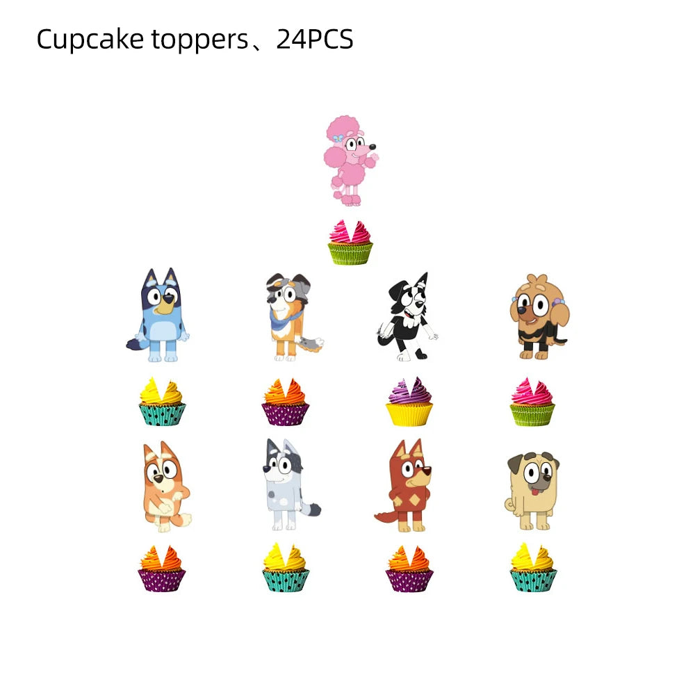 A set of 24 cupcake toppers featuring various cartoon dog characters and colorful cupcakes, displayed on a plain white background with text at the top reading 'Cupcake toppers、24PCS'.