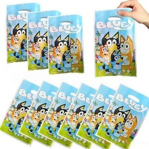 A set of Bluey-themed party favors in individual resealable pouches, with several packs fanned out and one pack being held by a hand at the top right.