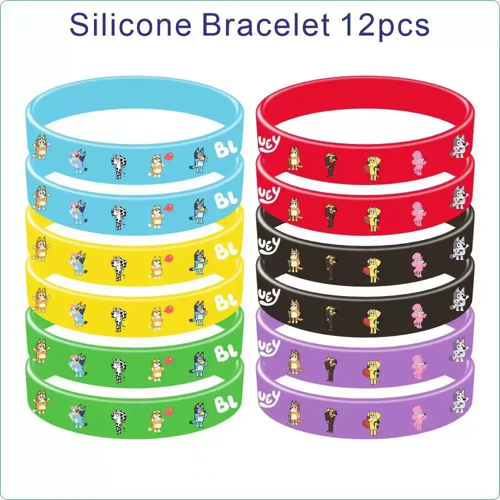 Set of 12 silicone bracelets in various colors with cartoon designs on a white background.