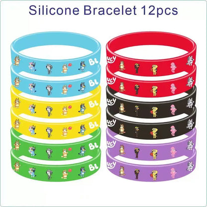 Set of 12 silicone bracelets in various colors with cartoon designs on a white background.