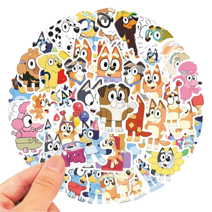 A hand holds a large round sheet filled with colorful cartoon dog character stickers, including Bluey-style dogs and other playful animal illustrations, on a plain white background.