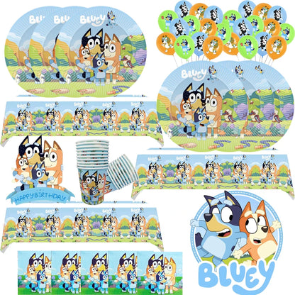 Bluey-themed birthday party tableware set including paper plates, cups, napkins, tablecloths, and balloon sticks, all featuring the Bluey dog characters and a colorful outdoor scene.