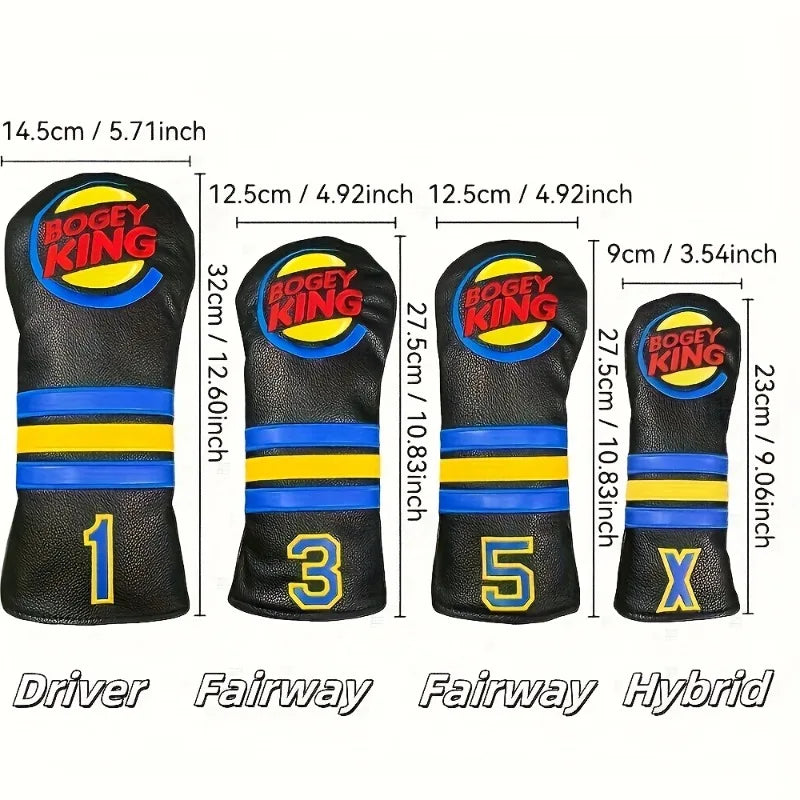 Golf club head covers with measurements and 'Bogey King' branding on a white background.