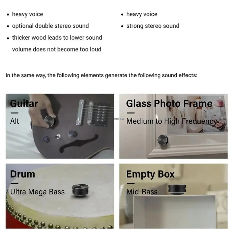 Sound effect chart with images of a guitar, glass photo frame, drum, and empty box, along with text describing sound volume and frequency.