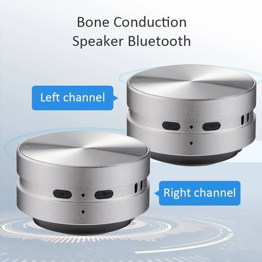Two bone conduction Bluetooth speakers labeled 'Left channel' and 'Right channel' on a light blue background.
