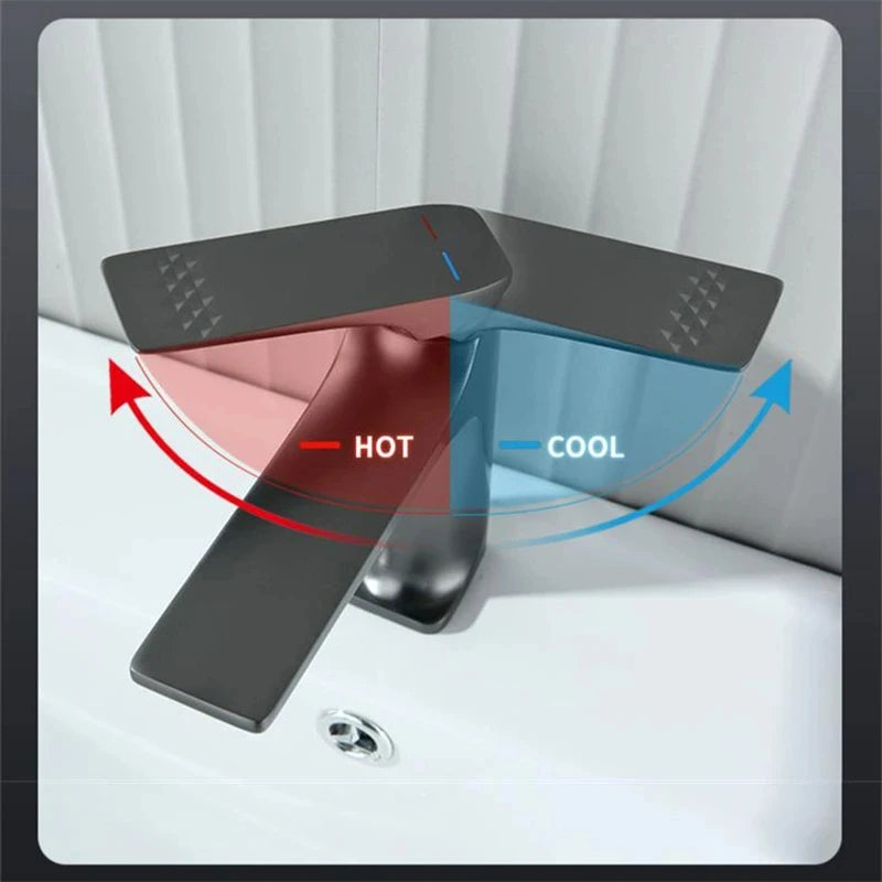 Bathroom faucet with hot and cool water indicators on a blurred background