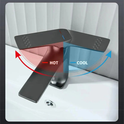 Bathroom faucet with hot and cool water indicators on a blurred background