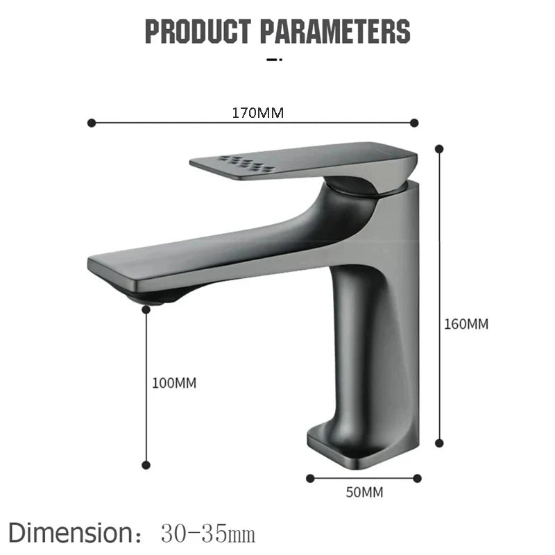 Black faucet with dimensions labeled on a white background