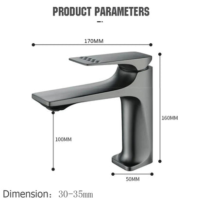 Black faucet with dimensions labeled on a white background