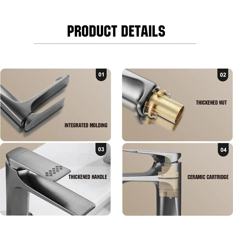Product details of a faucet with integrated molding, thickened nut, handle, and ceramic cartridge on a beige background.