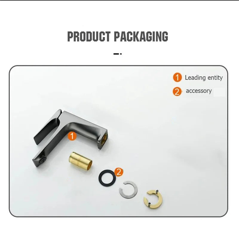Product packaging with a faucet handle, cartridge, washer, and O-ring on a white background.