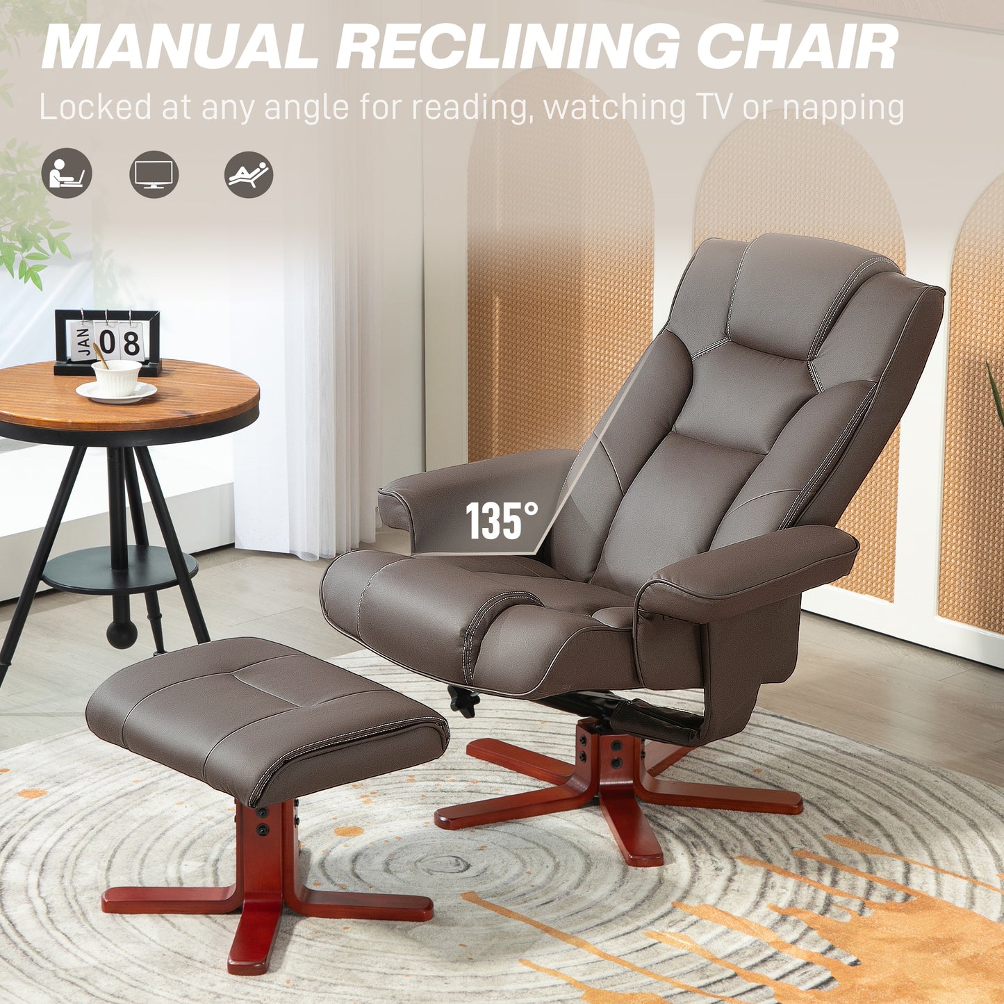 Brown reclining chair with ottoman in a room setting