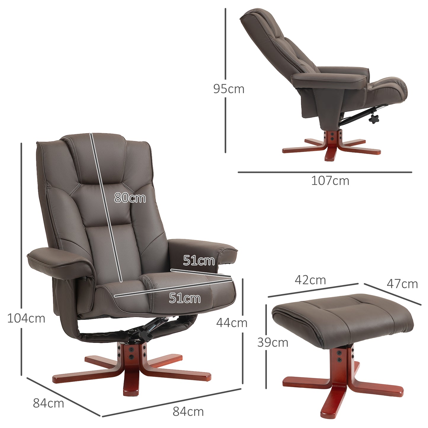 Brown recliner chair with ottoman and dimensions on a white background