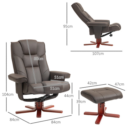 Brown recliner chair with ottoman and dimensions on a white background