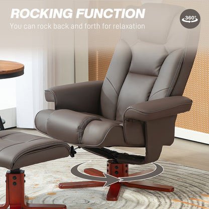 Brown recliner chair with footrest in a room setting, highlighting rocking function.