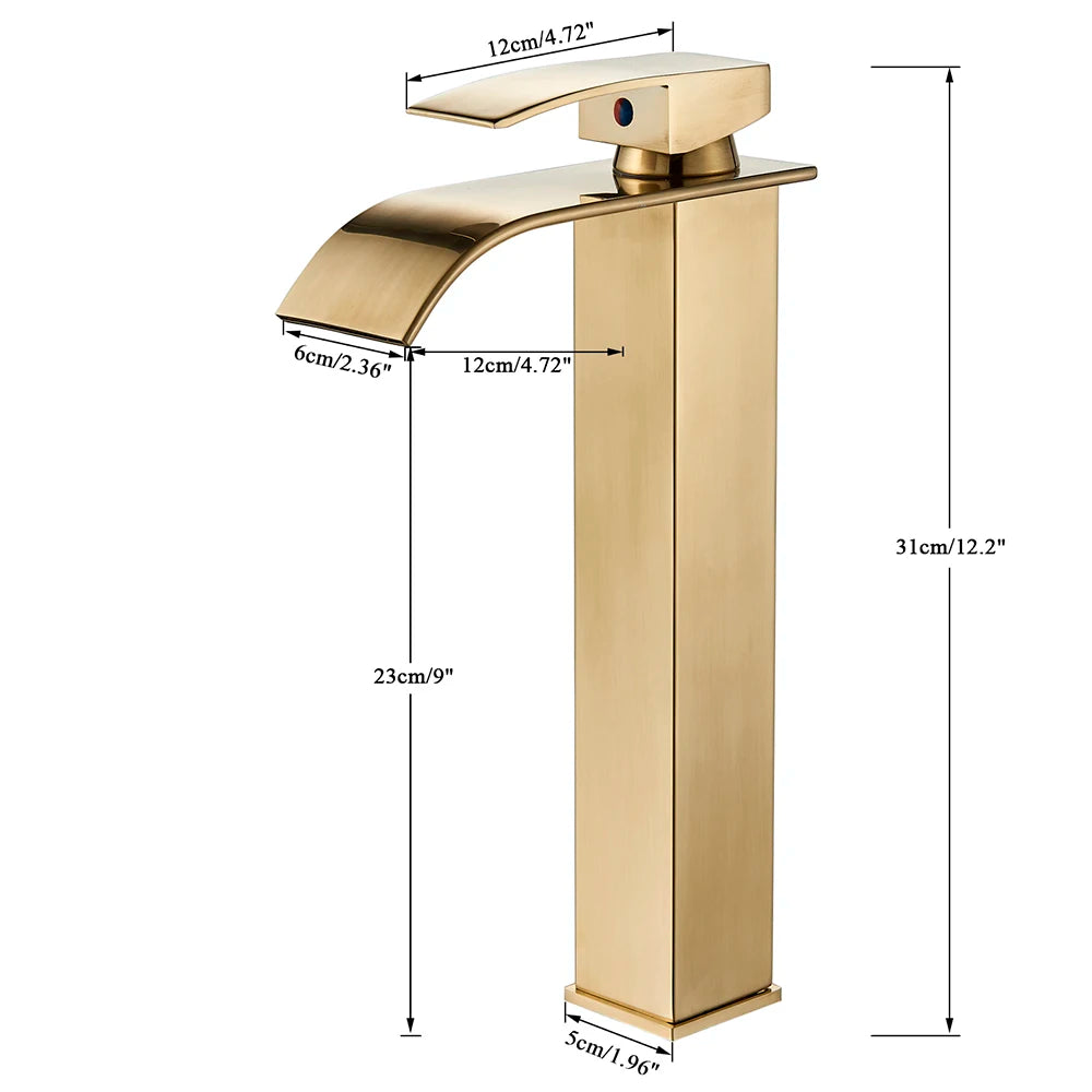Gold faucet with dimensions labeled on a white background