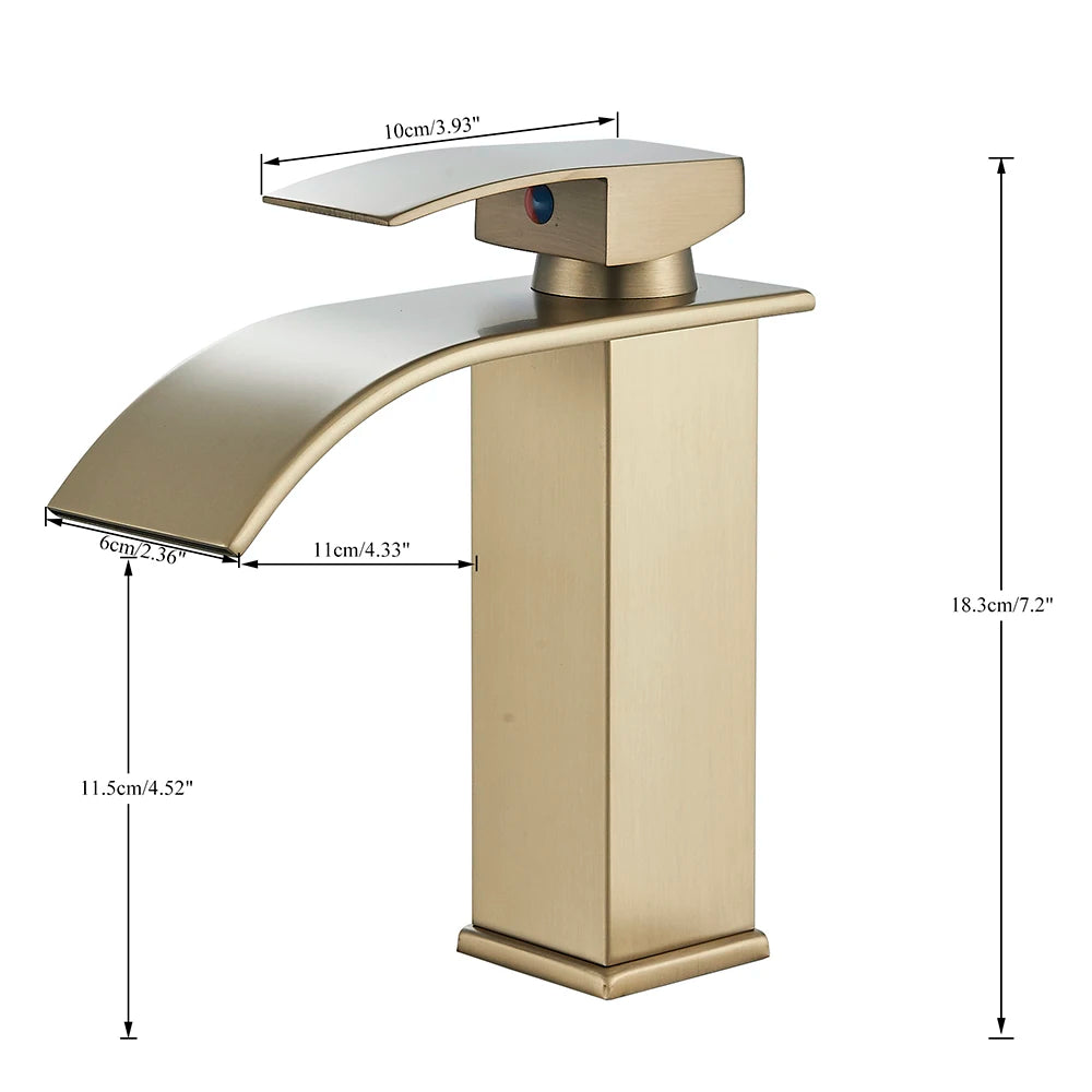 Gold faucet with dimensions labeled on a white background