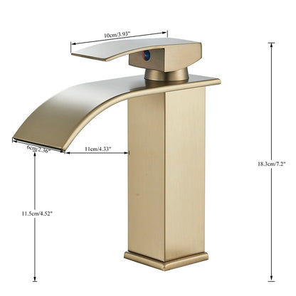 Gold faucet with dimensions labeled on a white background