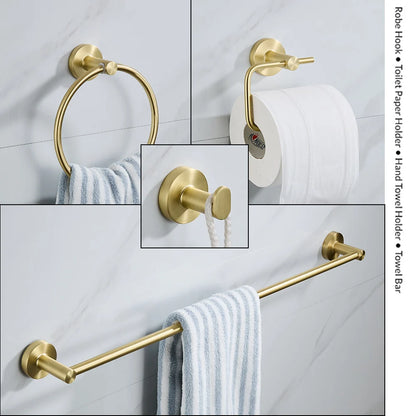 Set of gold bathroom accessories including a robe hook, toilet paper holder, hand towel holder, and towel bar on a tiled wall.
