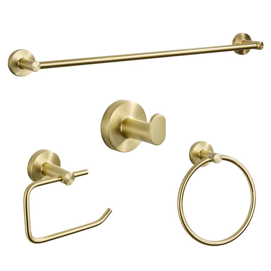 Set of gold bathroom fixtures including a towel bar, hook, and towel ring on a white background.