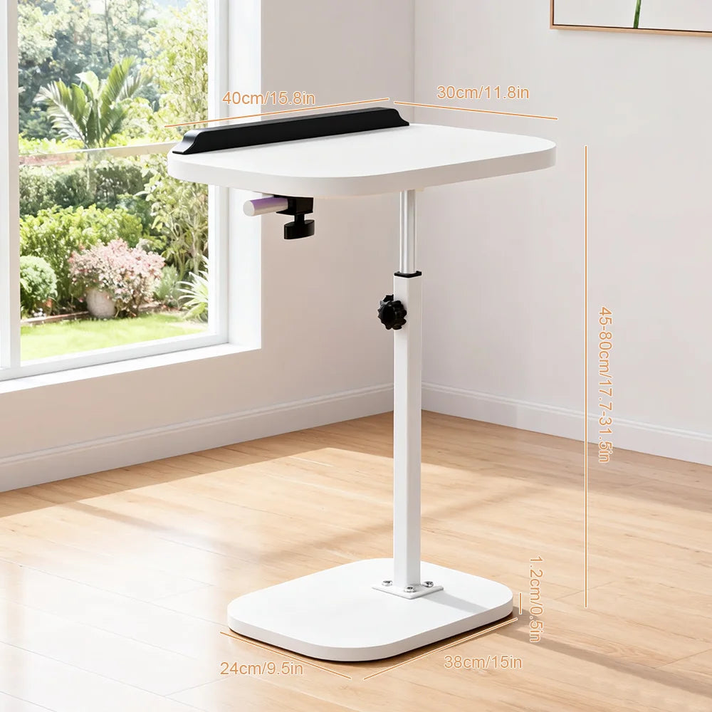 Adjustable height desk with dimensions labeled in a room with a window view.