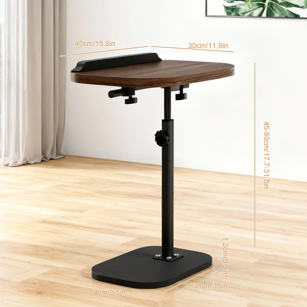 Adjustable standing desk with dimensions displayed on a wooden floor.