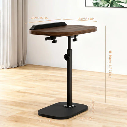 Adjustable standing desk with dimensions displayed on a wooden floor.