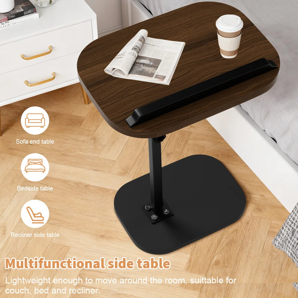 Multifunctional side table with a newspaper and cup on a wooden floor.