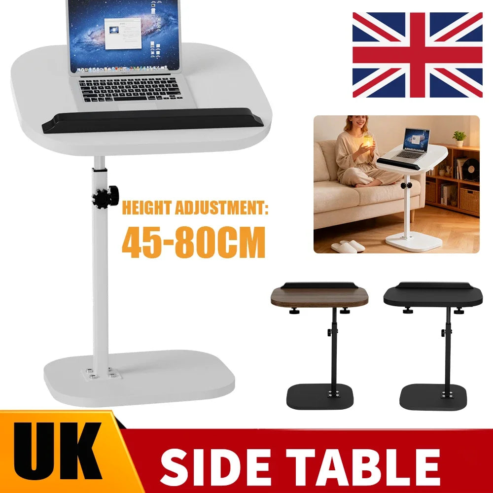 Adjustable side table with laptop on top, height adjustment range displayed, and UK flag.