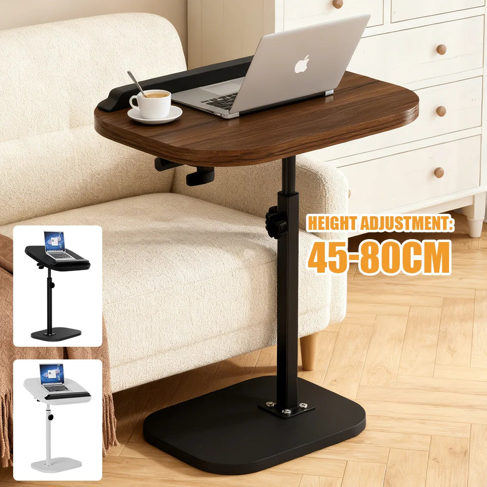 Adjustable laptop desk on a couch with height adjustment range displayed