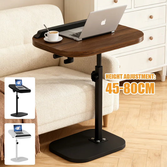 Adjustable laptop desk on a couch with height adjustment range displayed