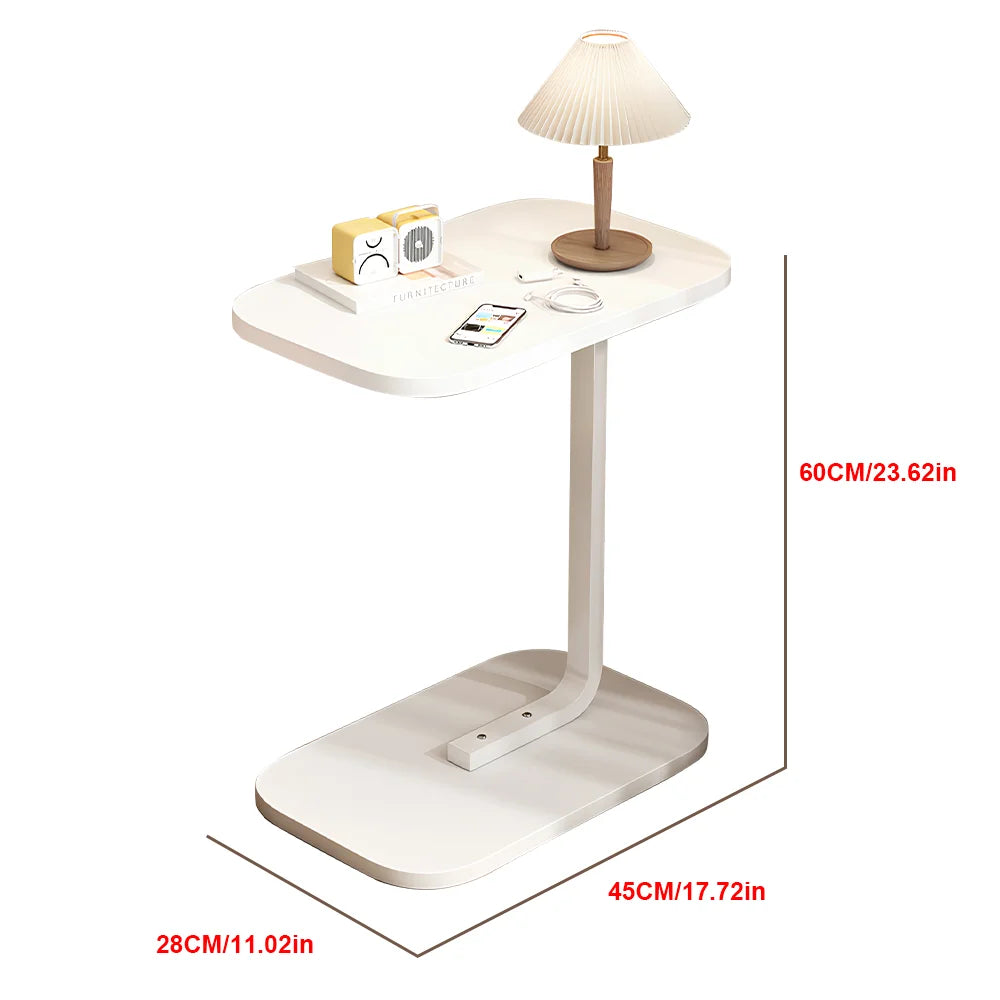 White side table with lamp and measurements on a white background