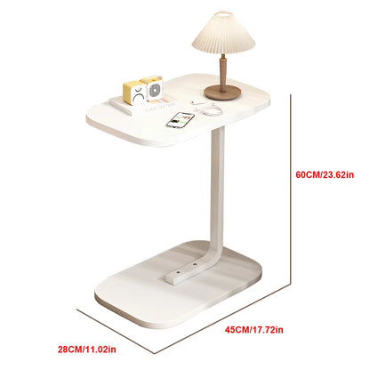White side table with lamp and measurements on a white background