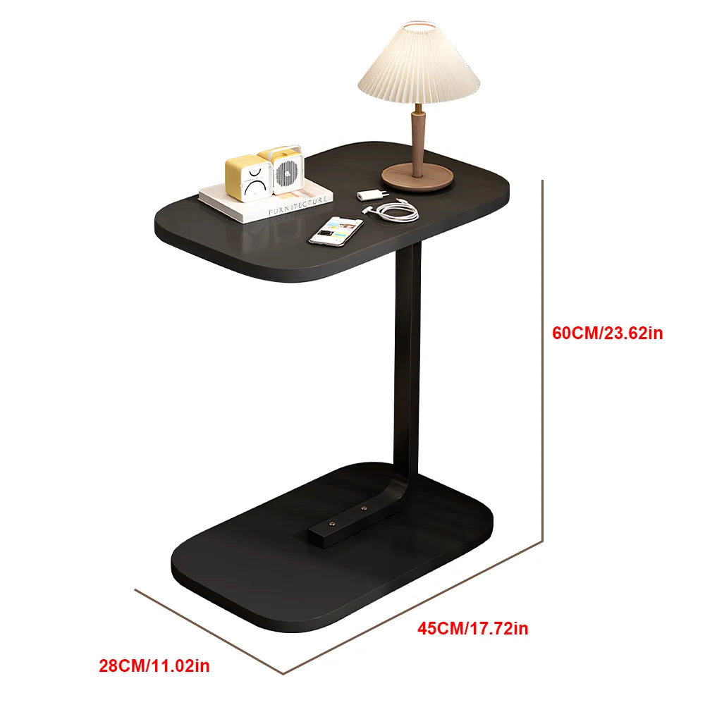 Black side table with lamp and measurements on a white background