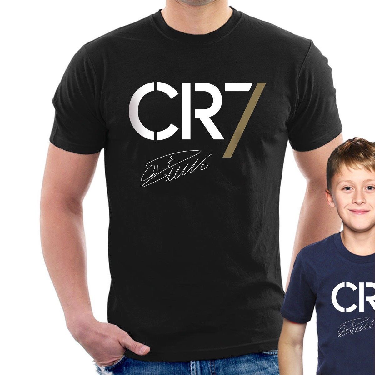 Black t-shirt with 'CR7' logo worn by a person, with a child wearing a blue t-shirt with 'CR7' logo in the background.